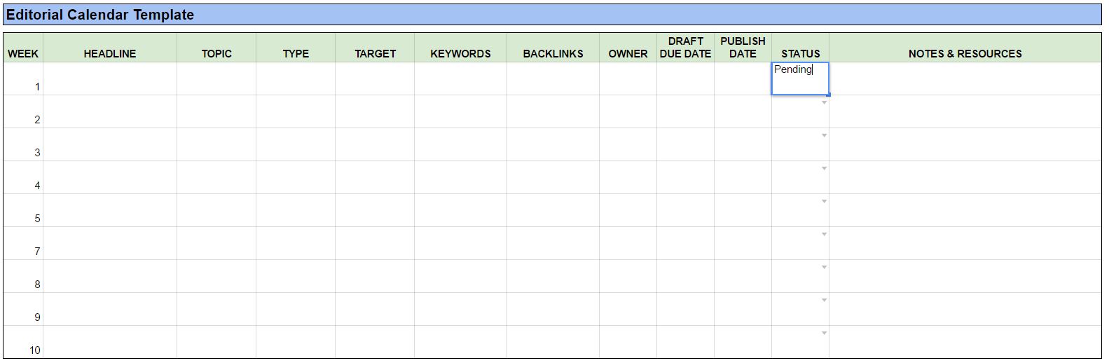 Template of Editorial Calendar used at Bourbon Creative; created with Google Spreadsheets;